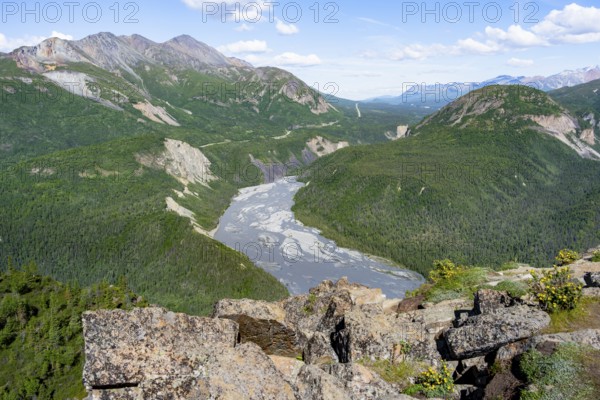 View of impressive mountain landscape with Matanuska River, Lion's Head, Chugach Mountains, Alaska, USA