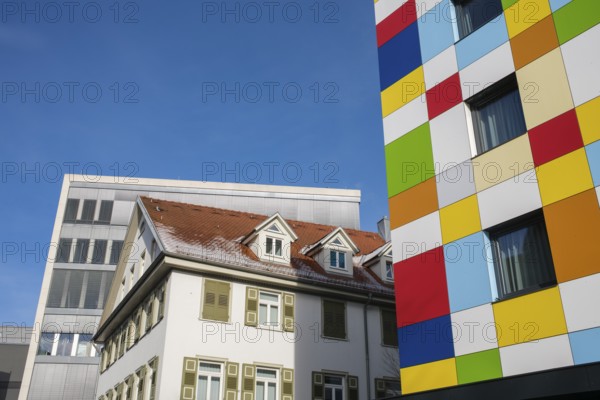 Modern architecture meets historic architecture, city view with colorful facades and clear blue sky, Tuttlingen, Tuttlingen district, Baden-Württemberg, Germany