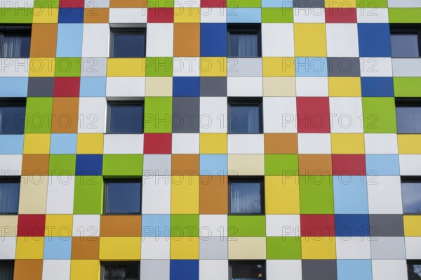 A brightly panelled house façade on an apartment building, Tuttlingen, Tuttlingen district, Baden-Württemberg, Germany