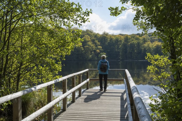 Woman on the viewing platform, Schwarzer See, Granitz Nature Reserve, Southeast Rügen Biosphere Reserve, Rügen Island, Mecklenburg-Western Pomerania, Germany