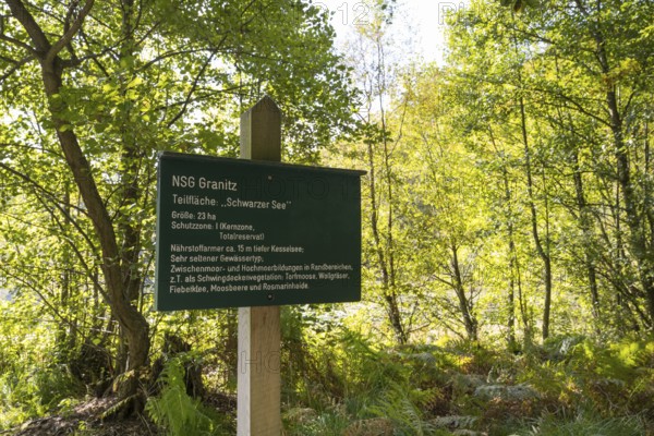 Information sign at Schwarzer See, Kesselsee, Granitz Nature Reserve, Southeast Rügen Biosphere Reserve, Rügen Island, Mecklenburg-Western Pomerania, Germany