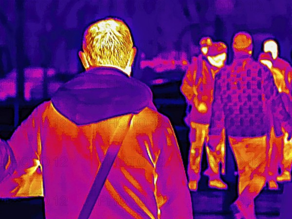 Thermal image or thermography, symbolic photo, interpolated. People traveling in urban areas. Stuttgart, Baden-Württemberg, Germany