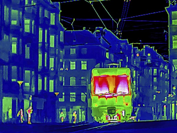 Thermal image or thermography, symbolic photo, interpolated. Light rail travel in urban areas. Stuttgart, Baden-Württemberg, Germany