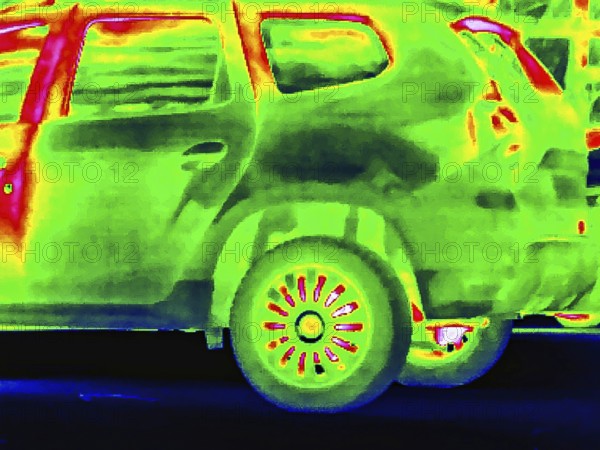Thermal image or thermography, symbolic photo, interpolated. Car with higher temperatures in the interior and on the pane and brake disc. Stuttgart, Baden-Württemberg, Germany
