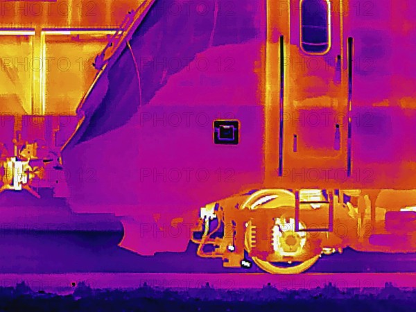 Locomotive in the train station. Thermal image or thermography, symbolic photo, interpolated. Stuttgart, Baden-Württemberg, Germany