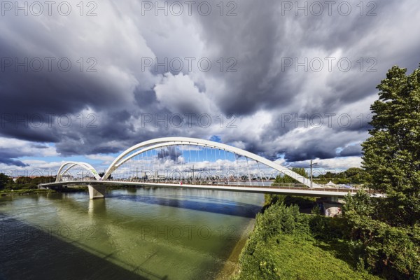 Beatus-Rhenanus bridge, pedestrian and tram bridge, architect Marc Barani, Rhine river, border between Germany and France, border river, rainy mood, partly cloudy blue sky, cumulus clouds, cumulus congestus clouds, image processing brightnesses and contrasts, Kehl, Upper Rhine plain, Ortenau district, Baden-Württemberg, Germany