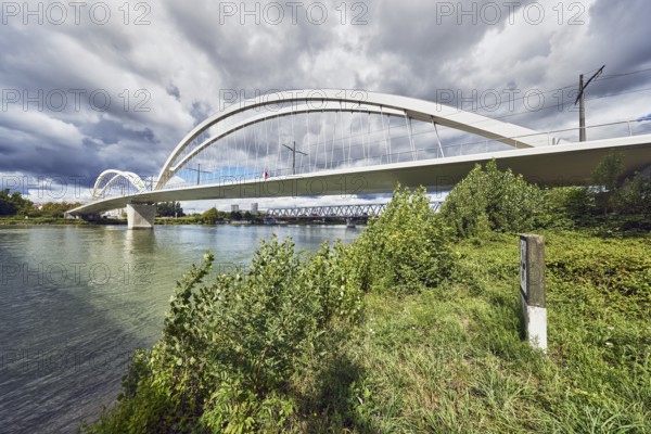Beatus-Rhenanus Bridge, architect Marc Barani, pedestrian and tram bridge, Rhine river, border between Germany and France, border river, riverbank, catenary masts, overhead lines, trees, bushes, grass, blue partly cloudy sky, cumulus congestus clouds, Kehl, Upper Rhine Valley, Ortenau district, Baden-Württemberg, Germany