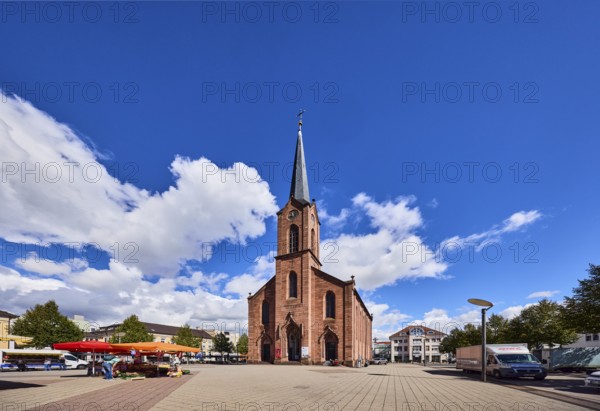 Friedenskirche church, neo-Gothic style, architect Friedrich Theodor Fischer, church tower, square, weekly market market, market stalls, market cars, general architecture, houses, lantern, trees, blue sky, cumulus clouds, market square, main street, Kehl, Upper Rhine Valley, Ortenau district, Baden-Württemberg, Germany
