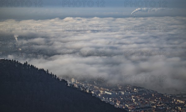 Aerial view of the city of Heidelberg on the Neckar, fog landscape of low-hanging clouds and fog fields that float and swirl above the roofs of the city with large and smoking chimney vents sticking out of the fog in the background, Heidelberg, Baden-Württemberg, Germany