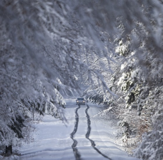 Car driving in lane across heavily snow-covered road with heavy amounts of snow through a winter forest, Baden-Württemberg, Germany