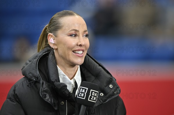 DAZN reporter presenter Sylvia Walker interviewed microphone micro logo portrait smiling PreZero Arena, Sinsheim, Baden-Württemberg, Germany