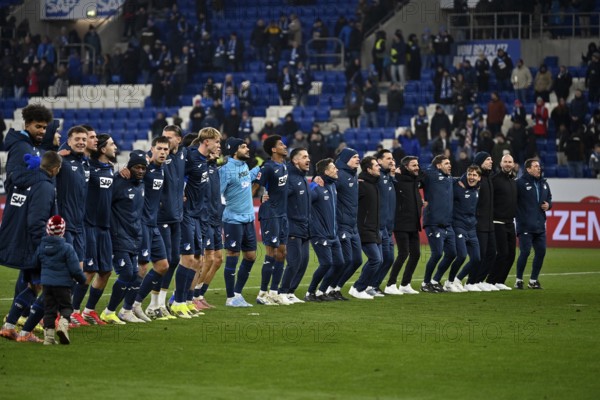 TSG 1899 Hoffenheim players celebrate victory ahead of the fan curve, PreZero Arena, Sinsheim, Baden-Württemberg, Germany