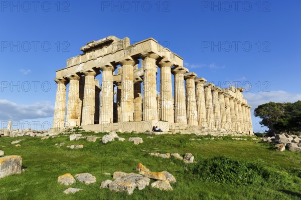 Temple E, Temple of Hera in the ancient Greek city of Selinunte, acropolis, Doric style, archaeological site, restoration, tourists, Selinunte, Castelvetrano, Trapani, Sicily, Italy