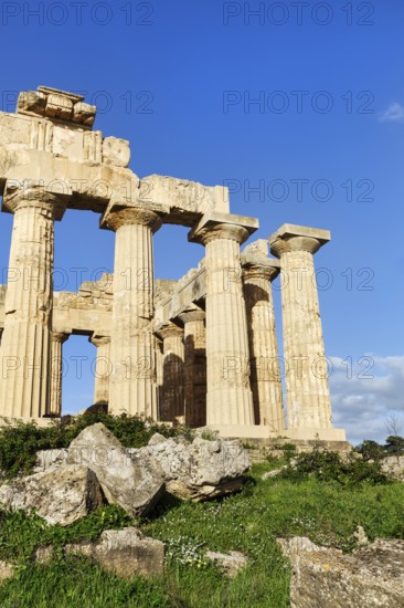 Temple E, Temple of Hera in the ancient Greek city of Selinunte, detail, acropolis, Doric style, archaeological site, restoration, Selinunte, Castelvetrano, Trapani, Sicily, Italy