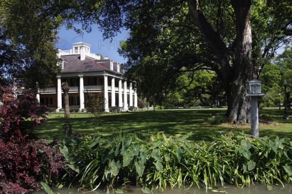 Mansion surrounded by lush greenery and tall trees in the garden, Darrow, Louisiana, USA