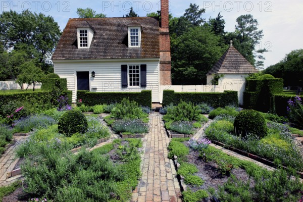 John Blair House with well-kept garden and brick path, Williamsburg, Virginia, USA