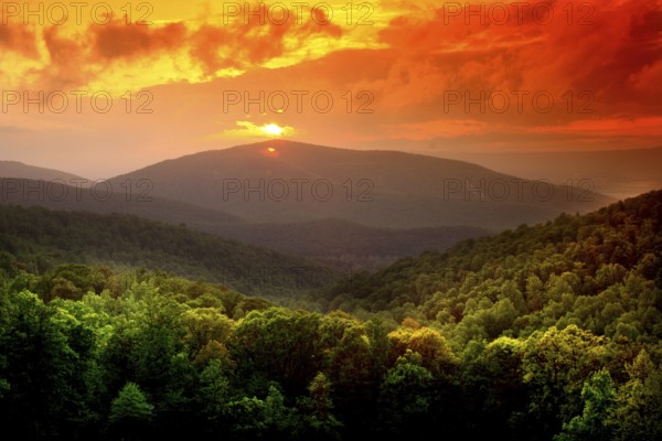 Sunset over Shenandoah National Park, warm colors over wooded hills, Shenandoah National Park, Virginia, USA