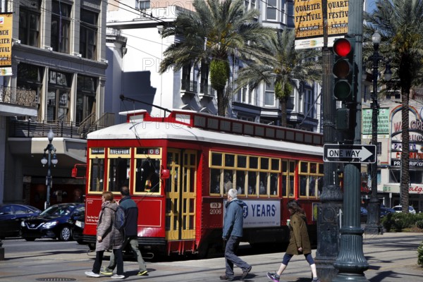 Red tram runs through urban environment with palm trees in New Orleans, New Orleans, null, USA