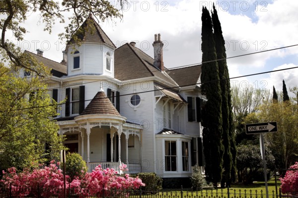 Elegant house with garden and blooming bushes, Natchez, USA