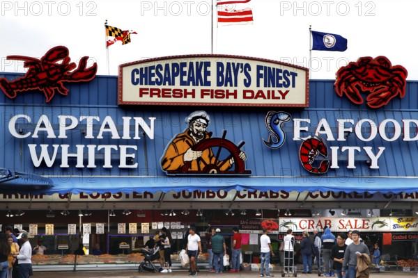 Colourful fish market with lively signs and people in front of the entrance, Washington D.C, USA