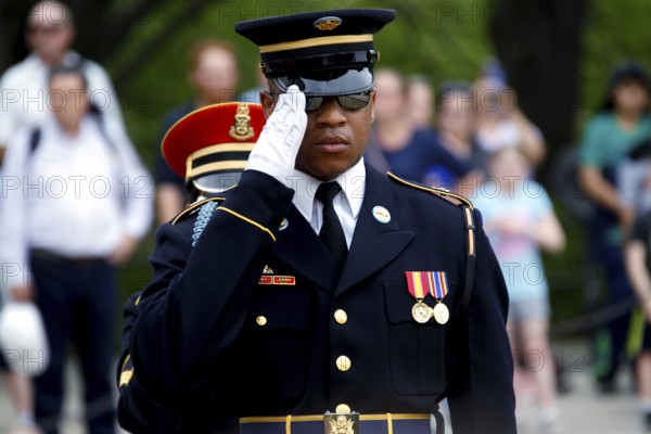 Soldier in uniform salutes during a solemn ceremony, spectator in the background, Washington D.C, USA