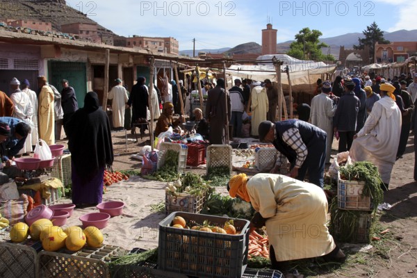 People buy and sell vegetables at a market in Msemrir, Msemrir, Morocco