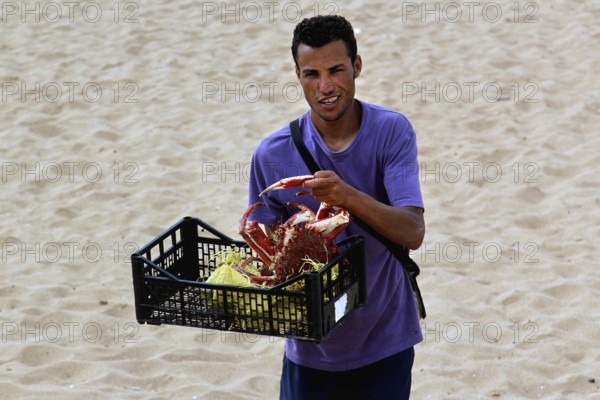 Young man selling lobster in a basket on the beach in Oulidia, Oulidia, Doukkala-Abda, Morocco