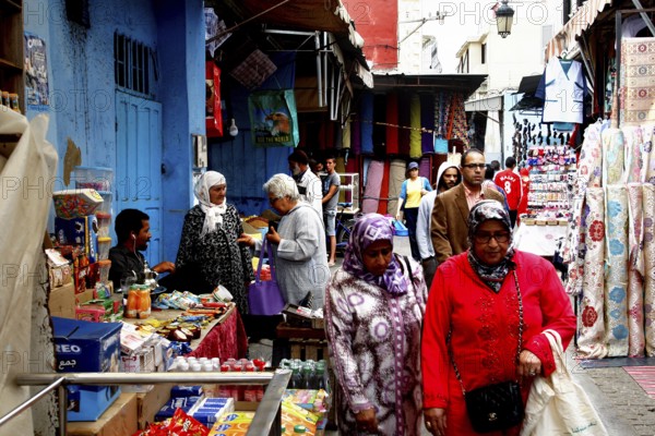 Hustle and bustle in the colorful medina of Rabat with many market stalls, Rabat-Salé-Kénitra, Morocco