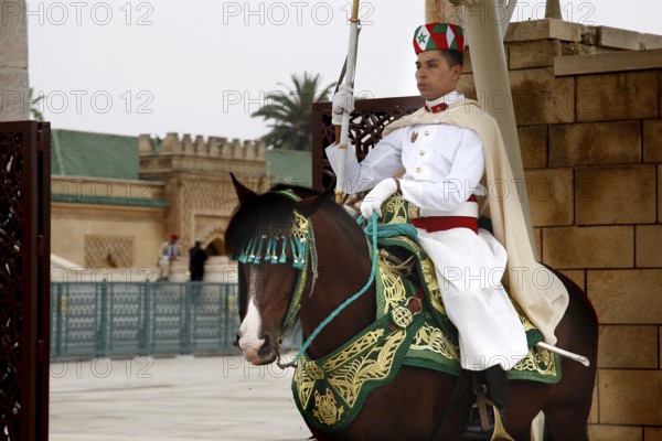 Armed guard on a magnificently decorated horse in front of the Hassan Mausoleum, Rabat, Morocco