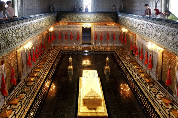 Magnificent interior view of the Hassan Mausoleum with richly decorated tomb and decoration, Rabat, Morocco