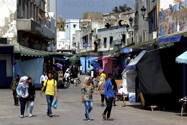 Bustling scene at a market with colorful stalls in the medina of Safi, Safi, Doukkala-Abda, Morocco