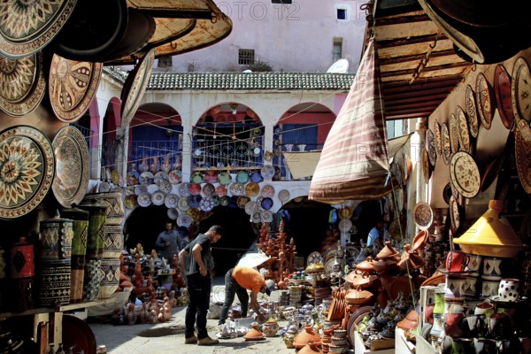 Lively marketplace with various pottery in the Medina of Safi, Safi, Doukkala-Abda, Morocco