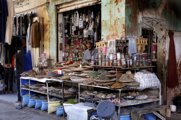 Various goods on a lively market stand in Rissani, Rissani, Niger, Morocco