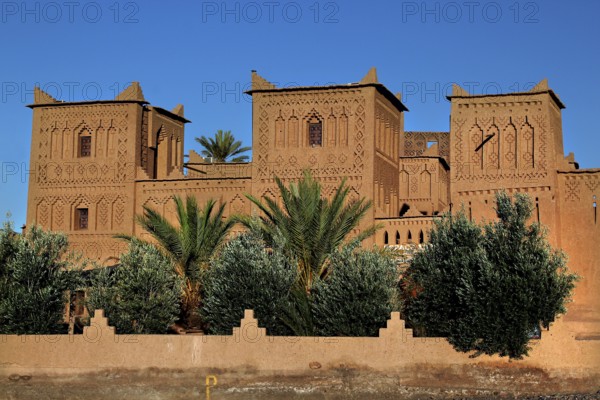 Kasbah Amerhidil with palm trees in the foreground and clear sky in Skoura, Skoura, Drâa-Tafilalet region, Morocco