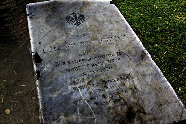 German tombstone in Mendoubia Park in Tangier with engraved inscription, Tangier, Morocco
