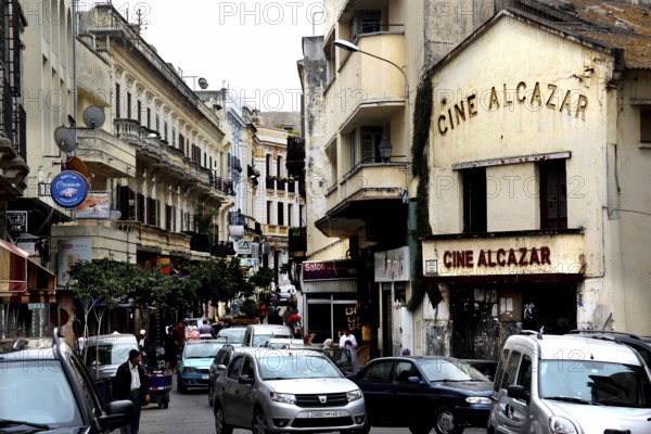 Bustling street scene in the Medina of Tangier with the Alcazar cinema, Tanger, null, Morocco