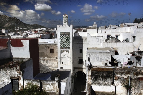Historic city view of Tetouan with white buildings and minaret, Tetouan, Morocco