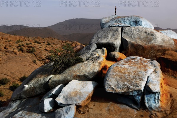 Painted rocks in the desert near Tafraoute, an art project by Jean Verame, Tafraoute, Souss-Massa, Morocco