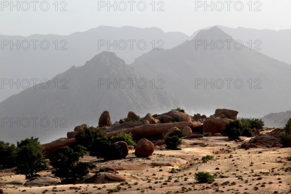 View of the vast, mountainous hinterland of Tafraoute in the distance, Tafraoute, Souss-Massa, Morocco