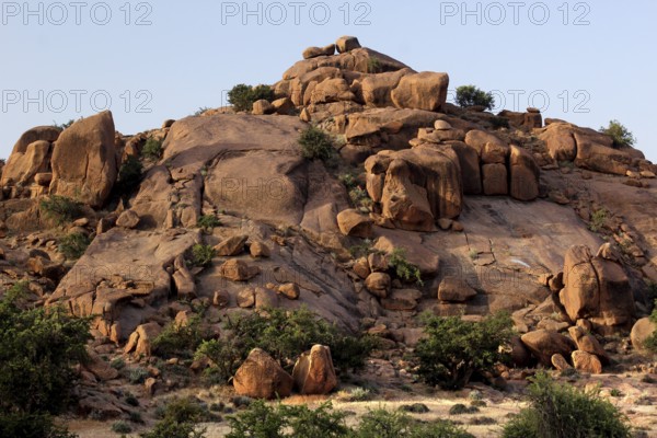 Towering rock formation in the dry, vast landscape of Tafraoute, Tafraoute, Souss-Massa, Morocco