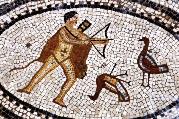 Detailed mosaic in the House of the Duties of Hercules in Volubilis depicting Hercules in one of his acts, Volubilis, Morocco, Morocco