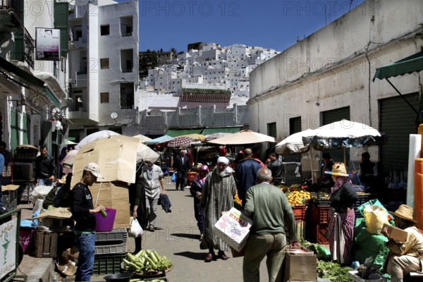Bustling market in the new town of Tetouan with sellers and customers under umbrellas, Tetouan, Morocco