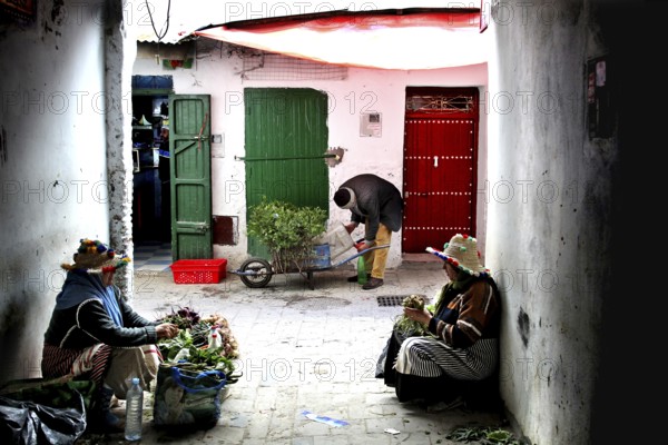 Two reef farmers offer their goods on a narrow market aisle, Tetouan, Medina, Morocco
