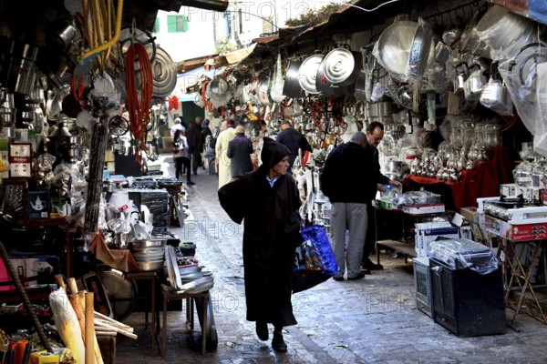 A souk area full of all kinds of metalware and hustle and bustle, Tetouan, Medina, Morocco