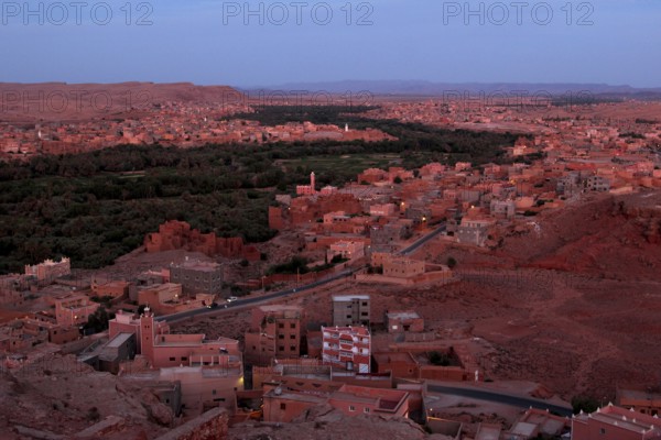 Panorama of Tinerhir at sunset with view of the city and valley, Tinerhir, Morocco