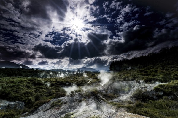 Spectacular steam and cloud formations in the Wai-O-Tapu geothermal area