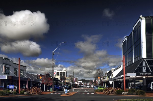 City scene on Tutanekai Street in Rotorua with modern architecture and busy streets, Rotorua, North Island, New Zealand