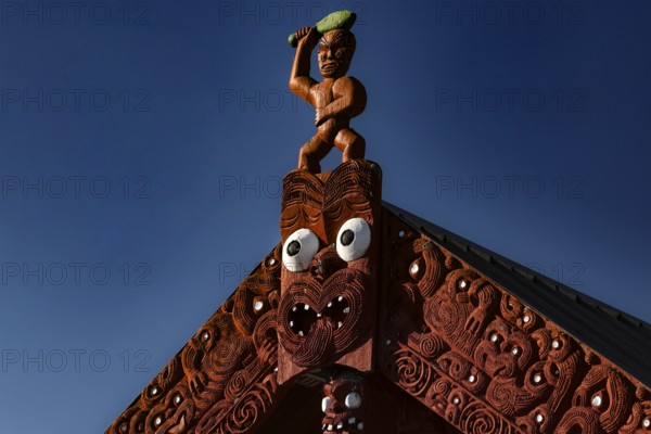Detailed carved marae roof in Whakarewarewa village, showing traditional Maori architecture, Rotorua, North Island, New Zealand