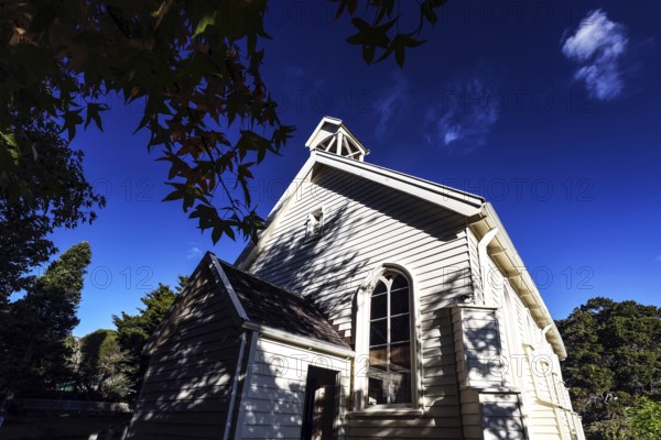 White wooden church Christ's Church in Russel under clear sky, Russel, Northland, New Zealand