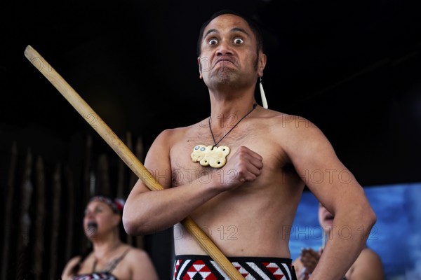 A Maori man with intense facial expression during a cultural performance with a wooden stick, Rotorua, Bay of Plenty, New Zealand